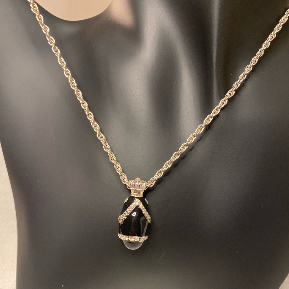 Vintage Simulated Faberge Black Enamel Egg Crystal Rhinestone Pendant Necklace